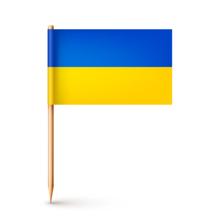 Realistic Ukrainian toothpick flag. Souvenir from Ukraine. Wooden toothpick with paper flag. Location mark, map pointer. Blank mock up for advertising and promotions. Vector illustrationのイラスト素材