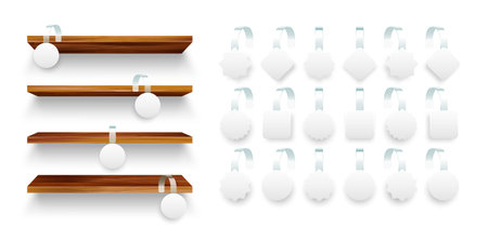 Wooden store shelves with supermarket promotional wobbles. Product shelf and advertising wobble. Grocery wall rack. Sale or discount label, special offer price tag. Vector illustrationのイラスト素材