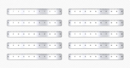 Realistic various brushed metal rulers with measurement scale and divisions, measure marks. School ruler, inch scale for length measuring. Office supplies. Vector illustrationのイラスト素材