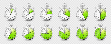 Realistic classic stopwatch icons. Shiny metal chronometer time counter with dial. Green countdown timer showing minutes and seconds. Time measurement for sport, start and finish. Vector illustrationのイラスト素材