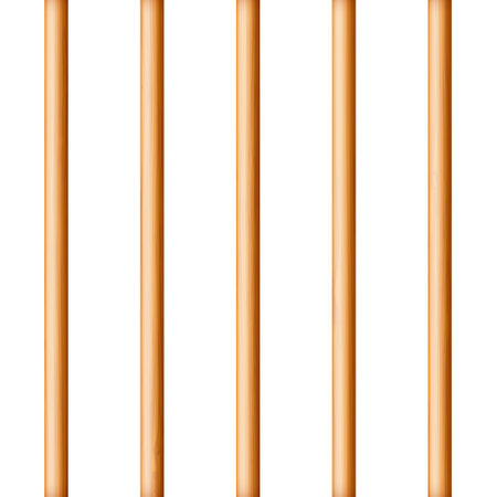 Realistic wooden lattice, rural picket fence. Farm or village house boundary, garden enclosing planks. Detailed wooden jail cage. Criminal background mockup. Creative vector illustrationのイラスト素材