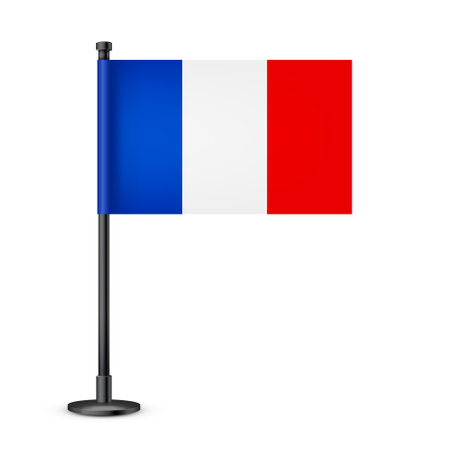 Realistic French table flag on a black steel pole. Souvenir from France. Desk flag made of paper or fabric and shiny metal stand. Mockup for promotion and advertising. Vector illustrationのイラスト素材