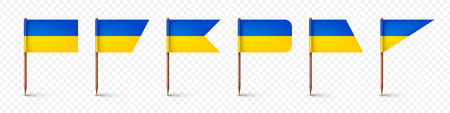 Realistic various Ukrainian toothpick flags. Souvenir from Ukraine. Wooden toothpicks with paper flag. Location mark, map pointer. Blank mockup for advertising and promotions. Vector illustrationのイラスト素材