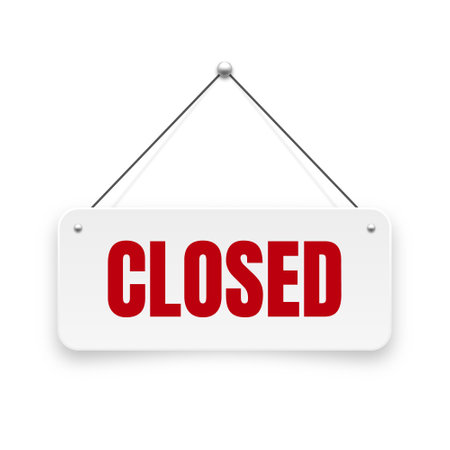 Realistic closed hanging signboard. Vintage door sign for cafe, restaurant, bar or retail store. Announcement banner, information signage for business or service. Vector illustrationのイラスト素材