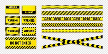 Various barricade construction tapes and warning shields. Yellow police warning line, brightly colored danger or hazard stripe, ribbon. Restricted area, zone. Attention symbol. Vector illustrationのイラスト素材