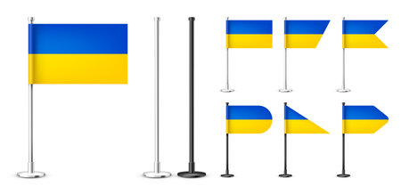 Realistic various Ukrainian table flags on a chrome steel pole. Souvenir from Ukraine. Desk flag made of paper or fabric, shiny metal stand. Mockup for promotion and advertising. Vector illustrationのイラスト素材