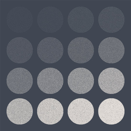 Round shaped dotted objects, stipple elements. Fading gradient. Stippling, dotwork drawing, shading...