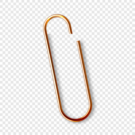 Realistic copper paperclip attached to paper isolated on white background. Shiny metal paper clip, page holder, binder. Workplace office supplies. Vector illustrationのイラスト素材