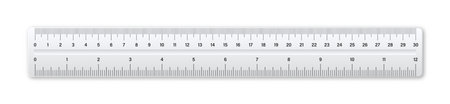 Realistic plastic ruler with measurement scale and divisions, measure marks. School ruler, centimeter and inch scale for length measuring. Office supplies. Vector illustrationのイラスト素材