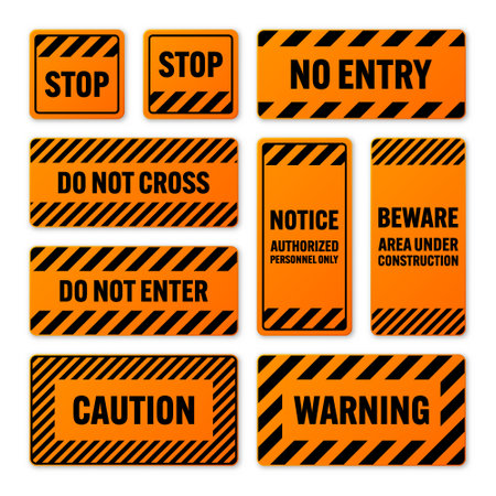 Various black and orange warning signs with diagonal lines. Attention, danger or caution sign, construction site signage. Realistic notice signboard, warning banner, road shield. Vector illustrationのイラスト素材