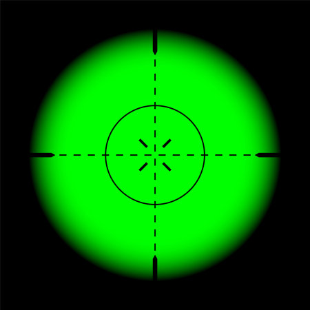 Weapon night sight, sniper rifle optical scope. Hunting gun viewfinder with crosshair. Aim, shooting mark symbol. Military target sign, silhouette. Game interface UI element. Vector illustrationのイラスト素材