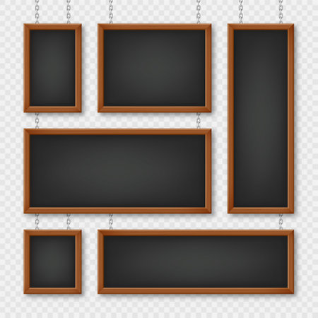 Signboards in a wooden frame hanging on a metal chain. Restaurant menu board. School chalkboard, writing surface for text or drawing. Blank advertising or presentation boards. Vector illustrationのイラスト素材