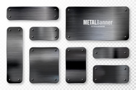 Realistic black metal banners collection. Brushed steel or aluminium plate, panel with screws. Polished metal surface. Old grunge texture with scratches. Vector illustrationのイラスト素材