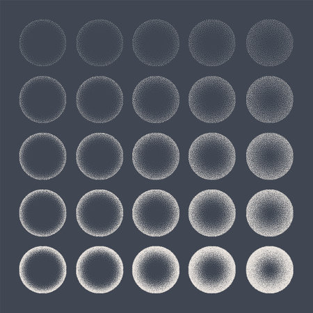Round shaped dotted objects, stipple elements. Fading gradient. Stippling, dotwork drawing, shading using dots. Pixel disintegration, halftone effect. White noise grainy texture. Vector illustrationのイラスト素材