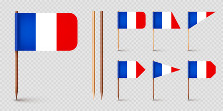 Realistic various French toothpick flags. Souvenir from France. Wooden toothpicks with paper flag. Location mark, map pointer. Blank mockup for advertising and promotions. Vector illustrationのイラスト素材