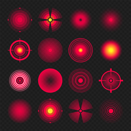 Pain localization marks. Painful area, aching spot. Red circles, targets. Headache, bruised body part marker. Back, neck, muscle pain symbol. Healthcare ad, medical information. Vector illustration.のイラスト素材