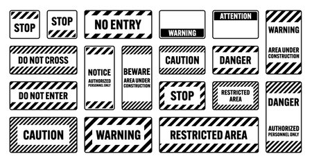 Various black warning signs with diagonal lines. Attention, danger or caution sign, construction site signage. Realistic notice signboard, warning banner, road shield. Vector illustrationのイラスト素材