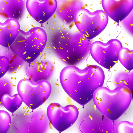 Valentines Day background with violet heart balloons. Wedding invitation card template, love banner. Mothers Day greeting cards. Beautiful romantic banner. Vector illustrationのイラスト素材