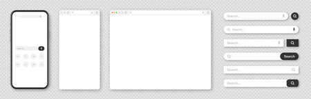Smartphone, blank internet browser window with various search bar templates. Web site engine with...