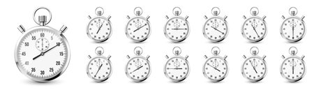 Realistic classic stopwatch icons. Shiny metal chronometer, time counter with dial. Countdown timer...