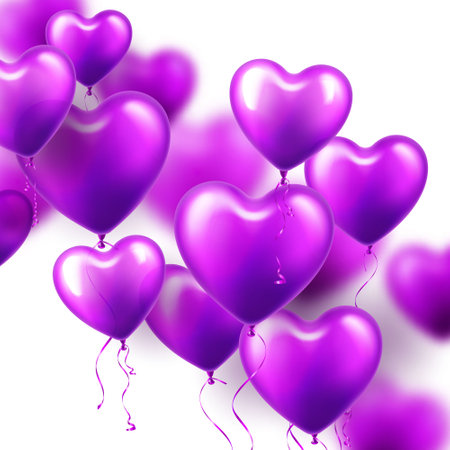 Valentines Day background with violet heart balloons. Wedding invitation card template, love banner. Mothers Day greeting cards. Beautiful romantic banner. Vector illustrationのイラスト素材