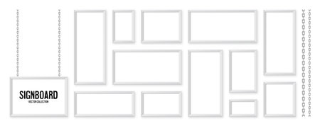 White signboards hanging on a metal chain. Restaurant menu board. Modern poster mockup. Blank photo or picture frame. Advertising or presentation boards. Street banner. Vector illustrationのイラスト素材
