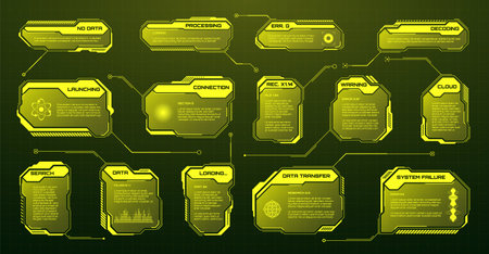 Yellow futuristic HUD, UI elements. Sci-fi user interface text boxes, callouts. Warning message frames, information boxes template. Modern game interface layout in digital style. Vector illustrationのイラスト素材