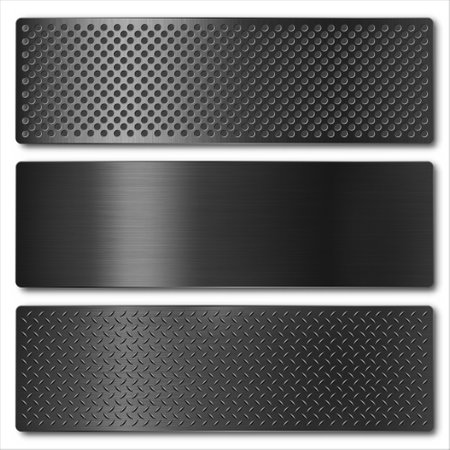 Various realistic black metal banners collection. Brushed steel or aluminium plate, panel with screws. Polished metal surface. Old grunge texture with scratches. Vector illustrationのイラスト素材