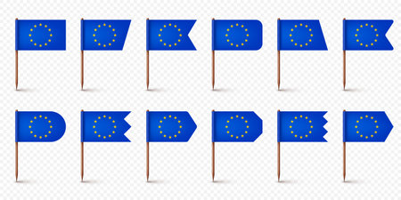 Realistic various European toothpick flags. Souvenir from Europe. Wooden toothpicks with paper flag. Location mark, map pointer. Blank mockup for advertising and promotions. Vector illustrationのイラスト素材