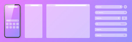 Smartphone, transparent internet browser window with various search bar templates. Web site engine with search box, address bar and text field. Website UI interface elements. Vector illustrationのイラスト素材
