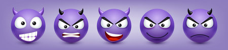 Cartoon emoji, emoticons collection. Violet face with emotions, mood. Facial expression, realistic emoji. Sad, happy, angry faces. Funny character with smiling face. Vector illustrationのイラスト素材