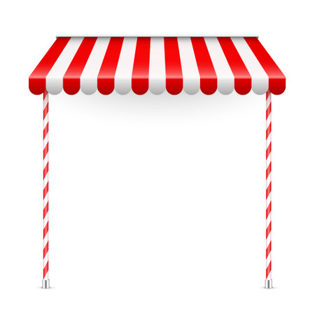 Red shop sunshade with stand holders. Realistic striped cafe awning. Outdoor market tent. Roof canopy. Summer street store. Vector illustrationのイラスト素材