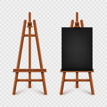 Realistic paint desk with blank black canvas. Wooden easel and a sheet of drawing paper. Presentation board on a tripod. Artwork mockup, template. Vector illustrationのイラスト素材