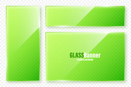 Realistic glass frames collection. Green transparent glass banners with flares and highlights. Glossy acrylic plate, element with light reflection and place for text. Vector illustrationのイラスト素材