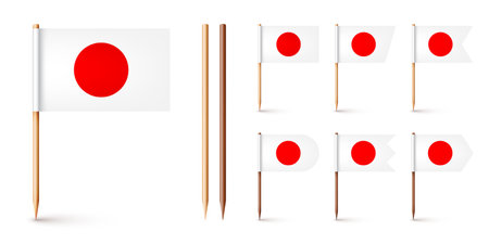 Realistic various Japanese toothpick flags. Souvenir from Japan. Wooden toothpicks with paper flag. Location mark, map pointer. Blank mockup for advertising and promotions. Vector illustrationのイラスト素材