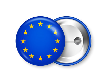Realistic button badge with printed European flag. Souvenir from Europe. Glossy pin badge with shiny metal clasp. Product mockup for advertising and promotion. Vector illustrationのイラスト素材