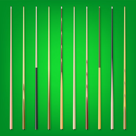 Various wooden billiard cues on green background. Snooker sports equipment. Vintage pool cue. Active recreation and entertainment. Vector illustrationのイラスト素材