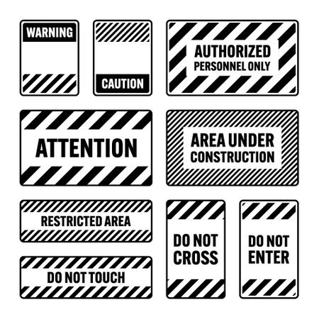 Various black warning signs with diagonal lines. Attention, danger or caution sign, construction site signage. Realistic notice signboard, warning banner, road shield. Vector illustrationのイラスト素材