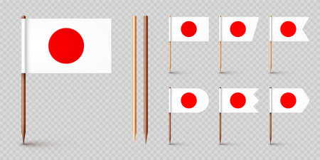 Realistic various Japanese toothpick flags. Souvenir from Japan. Wooden toothpicks with paper flag. Location mark, map pointer. Blank mockup for advertising and promotions. Vector illustrationのイラスト素材