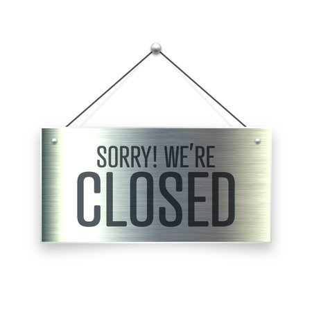 Brushed metal Closed hanging signboard. Vintage door sign for cafe, restaurant, bar or retail store. Announcement banner, information signage for business or service. Vector illustrationのイラスト素材