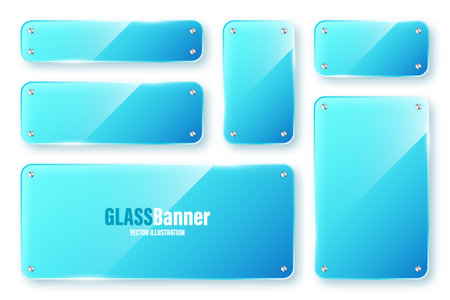 Realistic isolated glass frames collection. Blue transparent glass banners with flares and highlights. Glossy acrylic plate, element with light reflection and place for text. Vector illustrationのイラスト素材