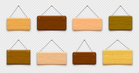 Wooden hanging signboards. Made of wood door sign for cafe, restaurant, bar or retail store. Announcement banner, information signage for business or service. Vector illustrationのイラスト素材