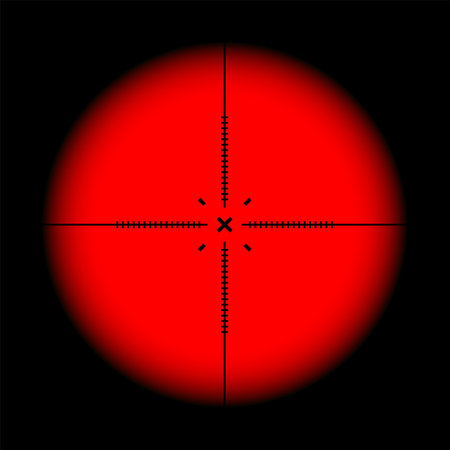 Various weapon thermal infrared sight, sniper rifle optical scope. Hunting gun viewfinder with crosshair. Aim, shooting mark symbol. Military target sign. Game UI element. Vector illustrationのイラスト素材