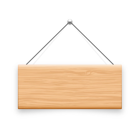 Wooden hanging signboard. Made of wood door sign for cafe, restaurant, bar or retail store. Announcement banner, information signage for business or service. Vector illustrationのイラスト素材