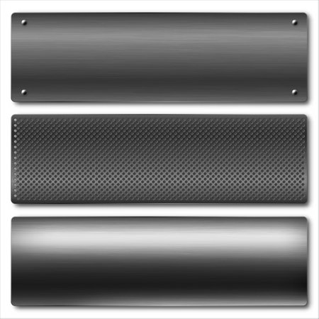Various realistic black metal banners collection. Brushed steel or aluminium plate, panel with screws. Polished metal surface. Old grunge texture with scratches. Vector illustrationのイラスト素材
