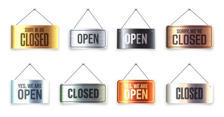 Brushed metal Open and Closed hanging signboards. Vintage door sign for cafe, restaurant, bar or retail store. Announcement banner, information signage for business or service. Vector illustrationのイラスト素材