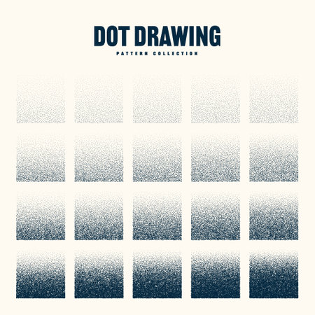 Square shaped dotted objects, vintage stipple elements. Stippling, dotwork drawing shading using dots. Halftone disintegration effect. White noise grainy texture. Fading gradient. Vector illustrationのイラスト素材