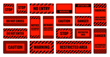 Various black and red warning signs with diagonal lines. Attention, danger or caution sign, construction site signage. Realistic notice signboard, warning banner, road shield. Vector illustrationのイラスト素材