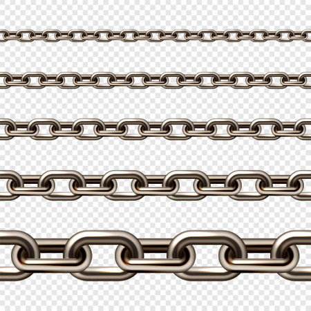 Realistic brown metal chain with old rusty links. Heavy steel chain for industrial use. Vector illustrationのイラスト素材