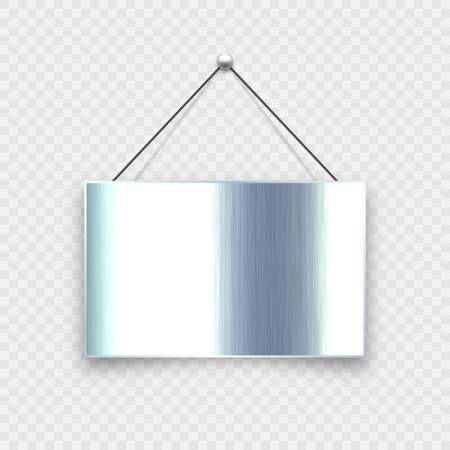 Brushed metal blank hanging signboard. Vintage door sign for cafe, restaurant, bar or retail store. Announcement banner, information signage for business or service. Vector illustrationのイラスト素材